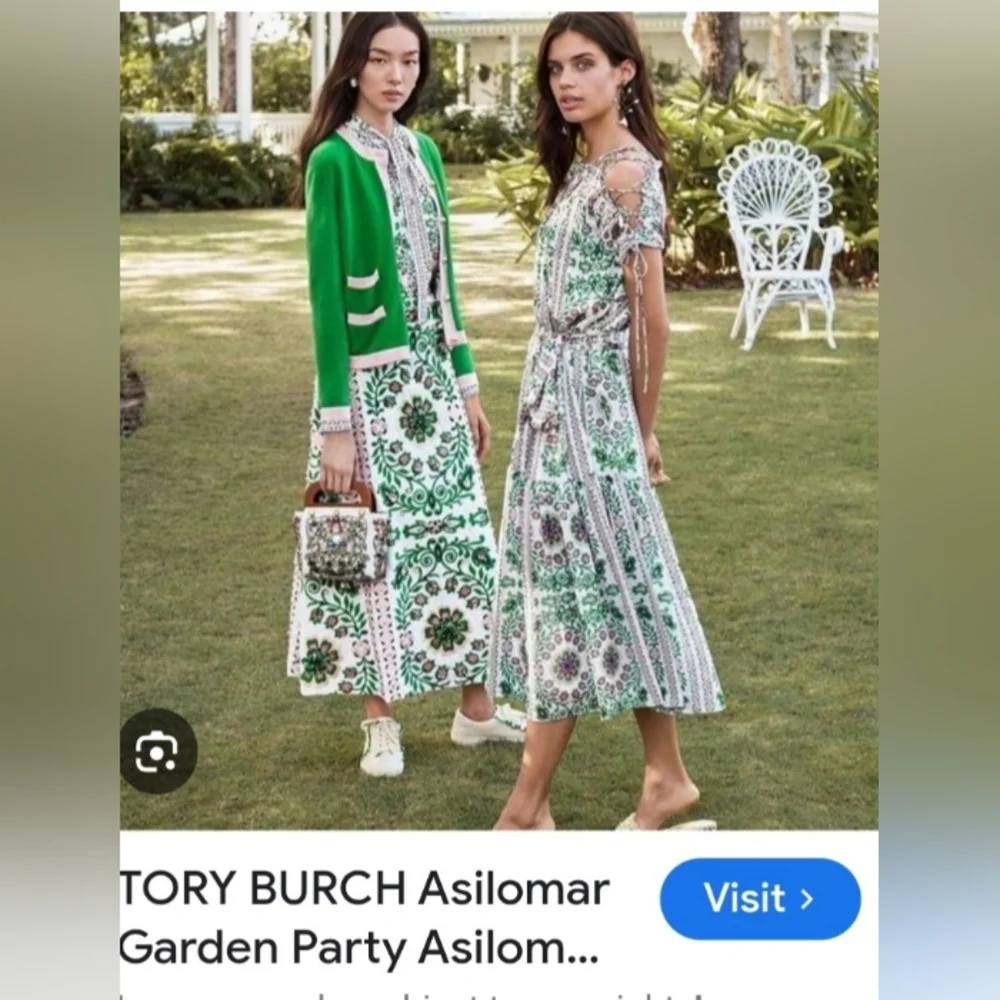 Tory Burch Green and White Patterned Midi Dress - Picture 4 of 8